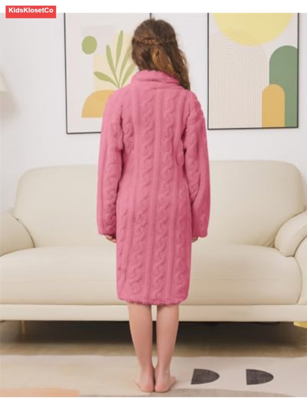 Girls Soft Fleece Bathrobe Plush Flannel Hoodless with Belt and Pockets - Picture 3 of 6